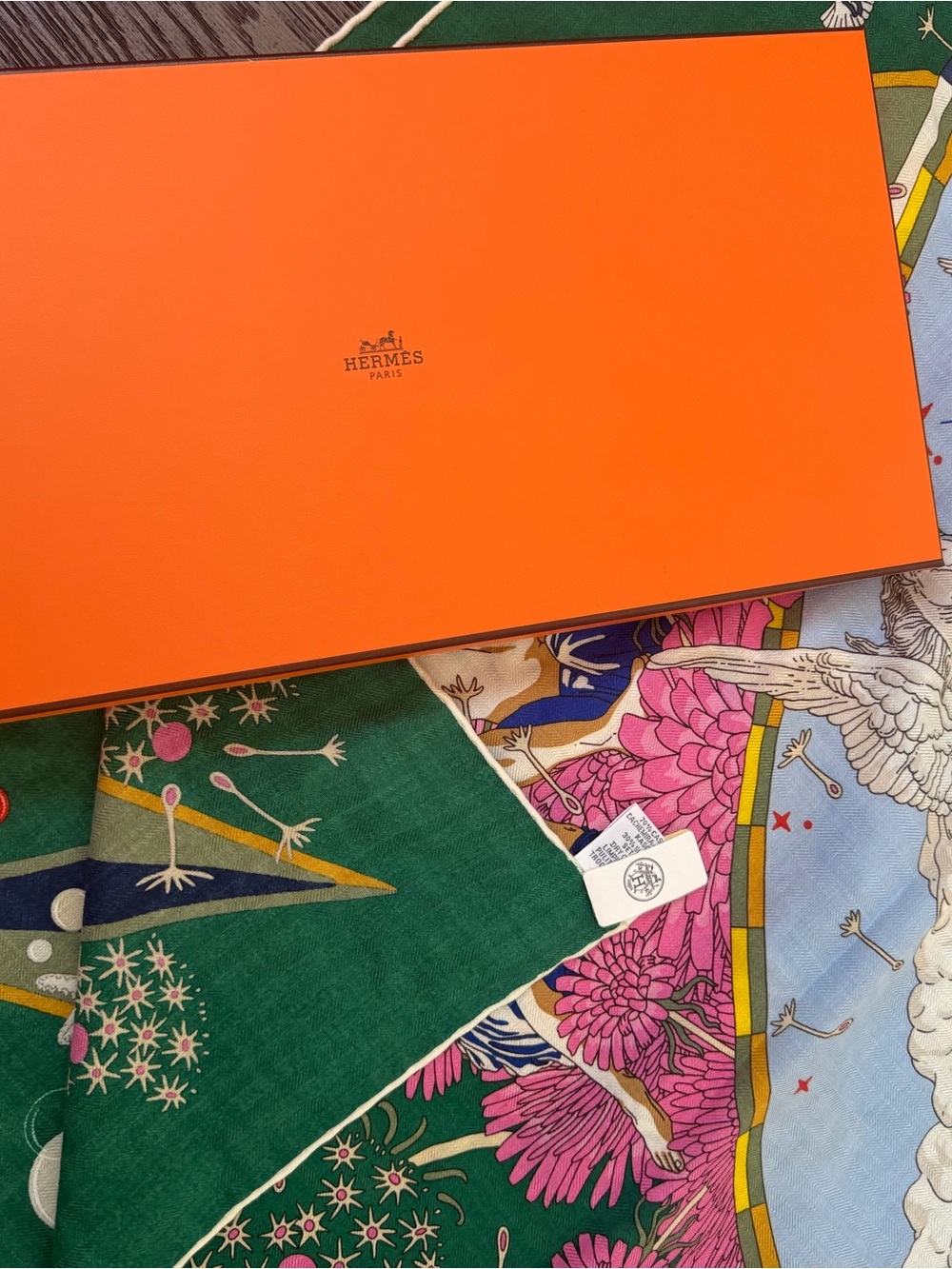 Hermes Green Silk Pocket Square with Pink, Blue and Cream Accents - Picture 6 of 10